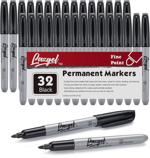Permanent Markers Bulk, 32 Pack Black Permanent Marker Set, Fine Tip, Waterproof Markers, Premium Smear Proof Pens, Waterproof, Quick Drying, Offi...