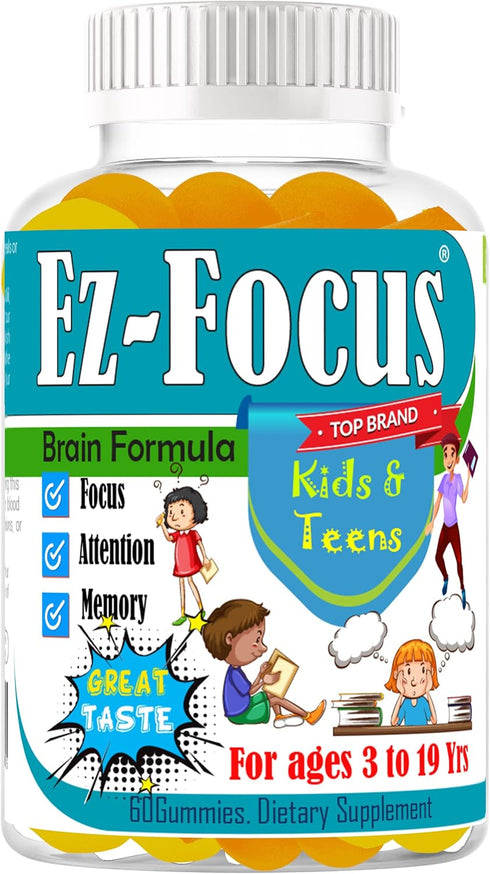 Ez Focus Gummies for Kids Brain Focus Support Chewable Focus Kids Vitamins Attention Supplement for Kids Children and Teens Kids Gummies for Focus...