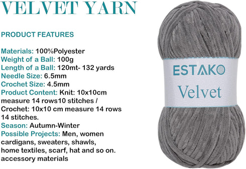 Estako Velvet Chenille Blanket amigurumi Yarn for Crocheting and Knitting Super Bulky 100 gr (132 yds) (1140 - Grey)...