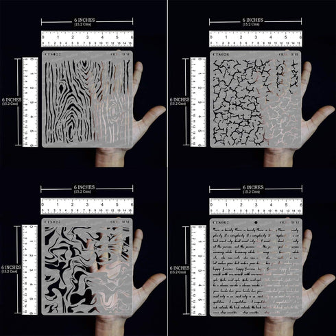 CrafTreat Pattern Stencils for Painting on Wood, Canvas, Paper, Fabric, Floor, Wall and Tile - Woodgrain, Crackle, Marble and Script - 4 Pcs - 6x6...