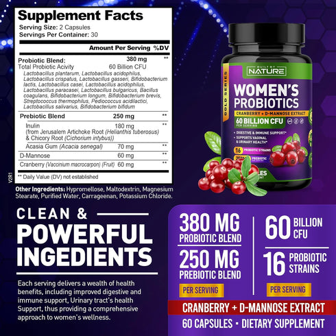 Probiotics for Women - 60 Billion CFUs, 16 Strains, with Cranberry, D-Mannose & Prebiotics - Supports Digestive, Immune, & Vaginal Health - Non-GM...
