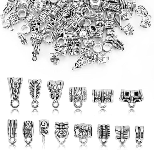 JIALEEY 125 Piece Mixed Antique Tibetan Silver Bail Tube Beads, Bail beads, Spacer Bead, Bead Hanger Fit Charm European Bracelet Pendant Jewelry M...