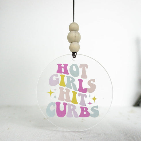 Talataca Hot Girls Hit Curbs 2D Flat Car Ornament & Wood Beads, Funny Quote Beaded Rear View Mirror Accessories, Retro Rearview Hanging Charm, Chr...
