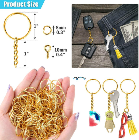 Keychain Rings for Crafts Gold, PAXCOO Key Chains Rings Kit includes 100Pcs Split Key Ring with Chain, 100pcs Jump Rings and 100pcs Screw Eye Pins...