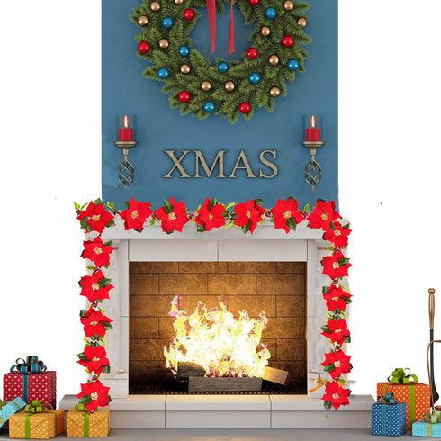 DearHouse 6.5Ft Lighted Poinsettia Christmas Garland with Red Berries and Holly Leaves, Pre-Lit Velvet Artificial Poinsettia Garland for Christmas...