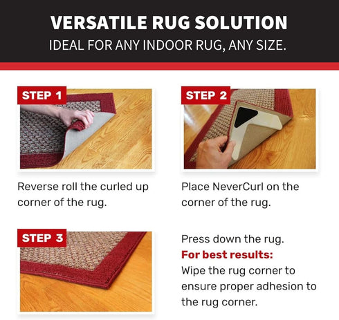 StepNGrip Rug Corner Grippers 4-Pack - Flattens Edges to Hold Rugs in Place - Impedes Curling with Stiff Layer - Reusable Carpet Grip Pads with Ea...