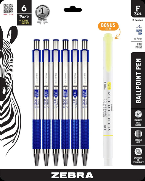 Zebra Pen F-301 Retractable Ballpoint Pen, Stainless Steel Barrel, Fine Point, Blue Ink, Plus Yellow Mildliner Highlighter, Chisel Tip, 6-Pack: 27...