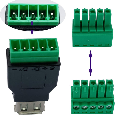 USB 2.0 A Screw Terminal Block Adapter USB 2.0 A Female to 5 Pin/Way Female Bolt Screw Shield terminals Pluggable Type Adapter Connector for Charg...