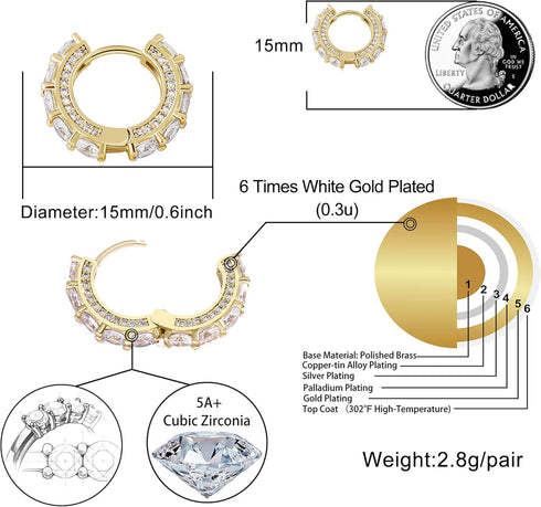TOPGRILLZ Gold Plated Hoop Earrings For Men 14K Golden Silver Plated 5A+ Cubic Zirconia Huggie Earrings Cartilage Hypoallergenic Cuff Earrings Tre...