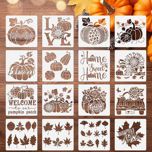 16 Pcs Fall Stencils Pumpkin Painting Stencils Fall Pumpkin Templates Reusable Maple Leaf Stencils on Wood Harvest Thanksgiving Autumn Stencils fo...