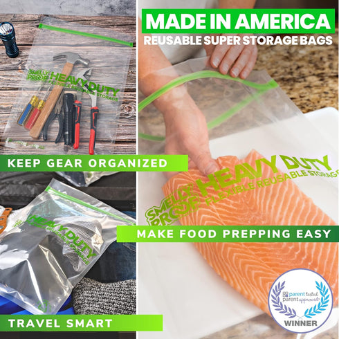 Smelly Proof REUSABLE STORAGE BAGS, Extra Large HEAVY DUTY 5-mils US-Made, BPA FREE, NO PEVA, Dishwasher-Safe Ziplock Reusable Freezer Bags Triple...
