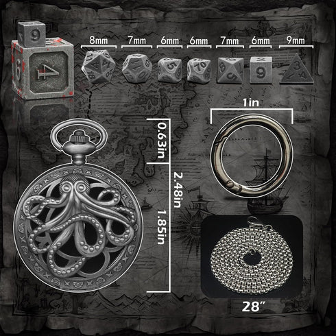 Mini Dice Necklace Tiny DND Dice with Pocket Watch Shell Silver Octopus Metal Case D&D Dice Set Portable 7PCS Keychain Dice Antique Iron Cthulhu D...
