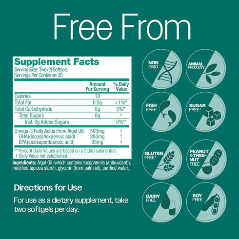 OVEGA-3 Plant-Based Omega-3 from Algal Oil Daily Supplement, 500mg, Supports Brain, Eye & Heart Health, Two Mini softgels per Day, 60 Count...