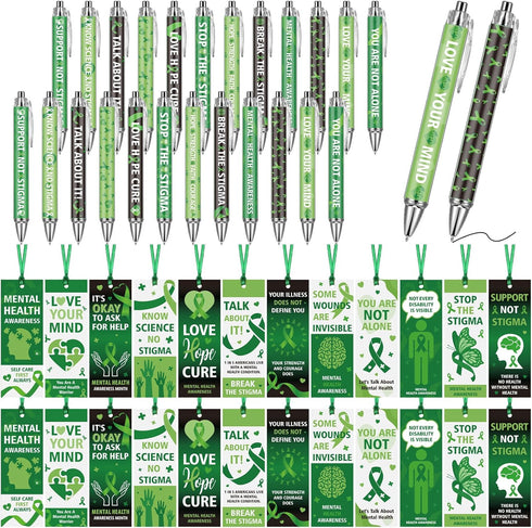 48 Pcs Mental Health Awareness Items Mental Health Awareness Pen World Mental Health Day Retractable Ballpoint Pen and Bookmarks Green Ribbon Pen ...