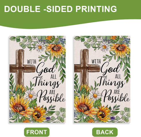 With God All Things Are Possible Christian Decorative Garden Flag, Religious Cross Sunflower Spring Summer Easter Yard Outside Decorations, Inspir...
