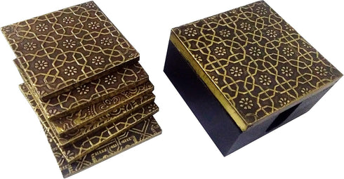 Purpledip Wooden Coasters (Set of 5): Brass Sheet Covered Mango-Wood Barware (11788)...