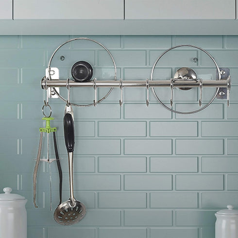 Dseap Kitchen Utensil Holder Hanger, Pot and Pan Rack wall mount, Kitchen Rail with 8 Hooks for Hanging Cooking Utensils, Mugs, Spoons, Wall Mount...