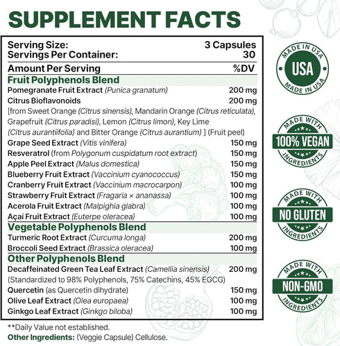 2250 MG Polyphenols Supplement Over 20 Fruits, Vegetables & Polyphenols, Quercetin, Resveratrol, Turmeric, Green Tea, Powerful Antioxidants, Polyp...