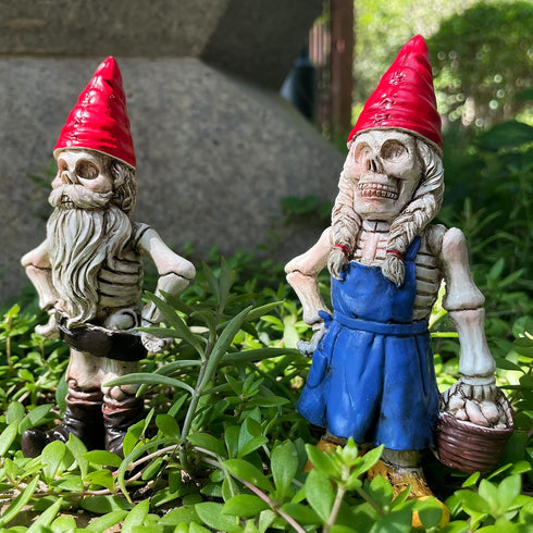 2PCS Male and Female Halloween Skeleton Gnome Couple Garden Statue Zombie Gnome Sculptures Resin Dwarf Figurines for Indoor Home Ornaments Outdoor...