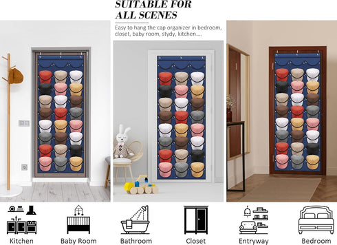 Hat Rack for Baseball Caps 27 Pockets - Hat Organizer Hanging Over The Door Baseball Hat Storage for Closet Wall - Visible Hat Holder With 3 Hooks...