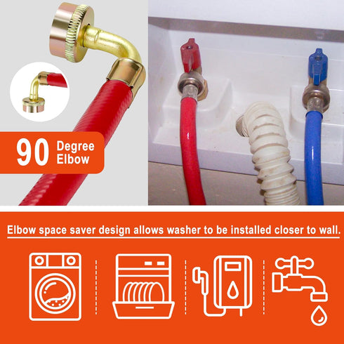 6 FT Washing Machine Hoses with 90 Degree Elbows Universial Rubber Washer Hose No-Lead Burst-proof Hot and Cold Water Supply Hoses for Washing Mac...