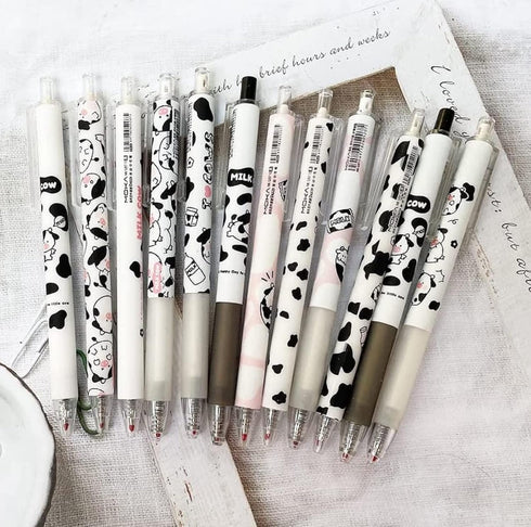 12 Pcs Cute Cow Pen, 0.5mm Black Retractable Gel Ink Pens, Cartoon Gel Ink Pens Set, Cow Print Pens Kawaii for Office School Supplies, Gifts for B...