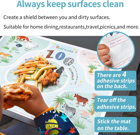 Disposable Placemats for Baby,Artistic 40 Pack Stick on Placemats with 2 Designs:Cute Zoo and Alphabet ABC,Baby Toddler Placemats for Restaurant,T...