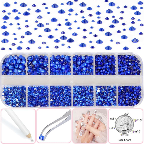 Jewelry Adhesive Glue with Flatback Crystal Rhinestones kit, 6 Sizes 2500Pcs Sapphire No Hotfix Rhinestones for Nail Art Craft Makeup with Bow Twe...