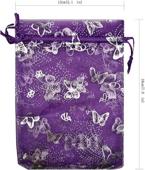Ankirol 100pcs Sheer Organza Favor Bags Purple Butterfly Print For Wedding Gift Bags Samples Display Drawstring Pouches (5x7)...