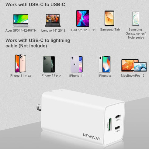 NewWay 65W 3 Port PD QC 3.0 USB-C Fast Charger (GaN Semic) Delivery Foldable, USB-C Wall Charger for USB C Laptops Smartphone Pad MacBook Compatib...