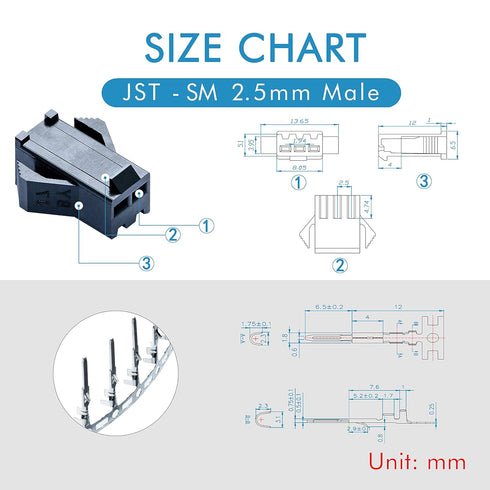 JST SM 2.5 mm Pitch 2-Pin JST Connector IC Male Plugs, Female Sockets Housing and Male/Female T-Shaped Crimp Terminal Connector. 50 Sets/300 Piece...
