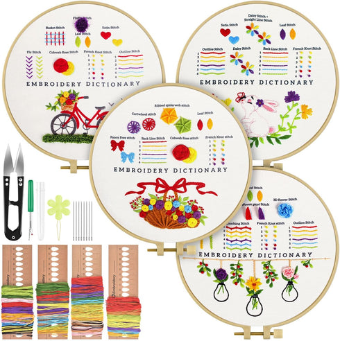 TINDTOP Embroidery Kit for Beginners, 4 Pack Cross Stitch Practice Kits for Beginners Include Embroidery Cloth Hoops Threads for Craft Lover Hand ...