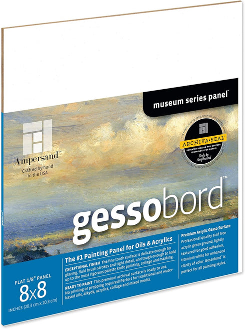 Ampersand Art Supply Gesso Wood Painting Panel: Museum Series Gessobord, 8" x 8", 1/8" Flat Profile...