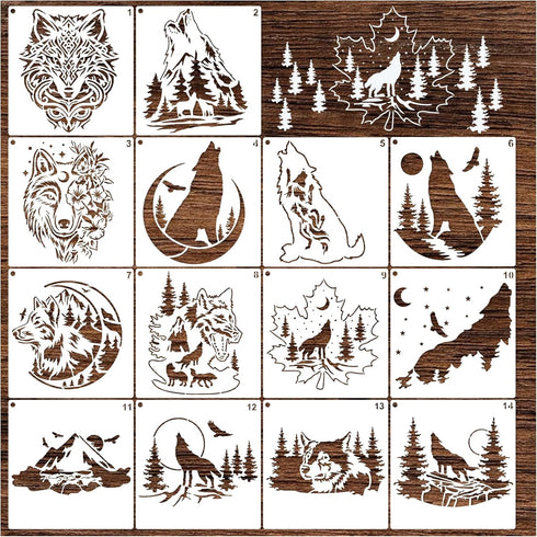 14 Pieces Wolf Stencils for Painting, Reusable Forest Wolves Mountain Stencils Template Wildlife Animal Wood Burning Stencils for DIY Crafts Canva...