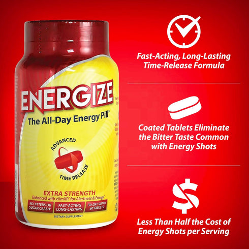 Energize Extra Strength Caffeine Pills, Fast Acting Long-Lasting Energy Pill with Extended Time Release Caffeine, Improved Clarity & Energy Suppor...