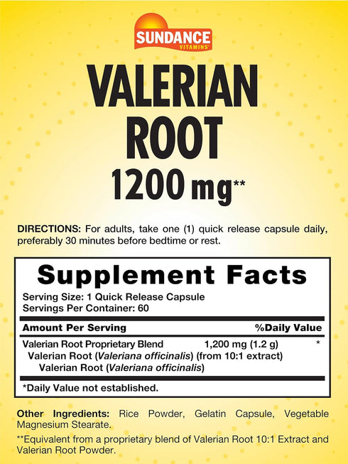 Valerian Root 1,200mg | 60 Quick Release Capsules | Herbal Supplement | Non-GMO and Gluten Free Formula | by Sundance...