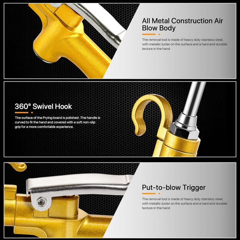 High Volume Industrial Air Blow Gun with Rubber Guard Air Flow Nozzle, Professional Gold Paint Metal Air Blower Gun, Pneumatic Dust Cleaning Tool ...
