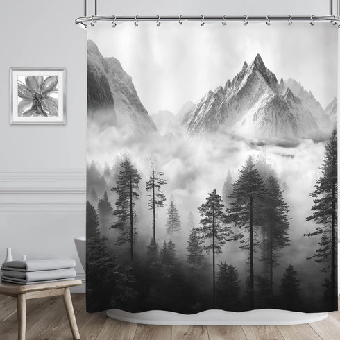 Riyidecor Misty Shower Curtain 72Wx72H Inch Foggy Snow Mountain Scenery National Park Smokey Tree Woodland Landscape Black Gray for Men Bathroom D...