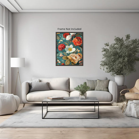 Posterizer 1 pcs-beige-white orange flowers-blue background-Floral & Botanical Art-Abstract & Modern Art-Decor for Home & Office- UNFRAMED Wall Ar...