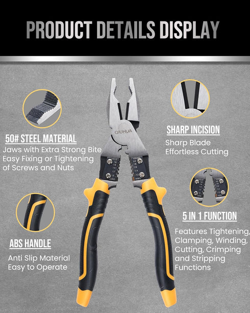 QIUHUA 8 inch Linesman Plier, 5-IN-1 Electrical Pliers with Cable Cutter and Wire Stripper Crimper...