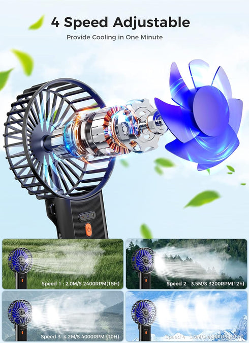 JZCreater Mini Handheld Fan,Portable Hand Held Fan, 15H Cooling Fan, Quiet 4 Speed, USB Rechargeable Battery Operated Desk Fan, Small Folding Elec...