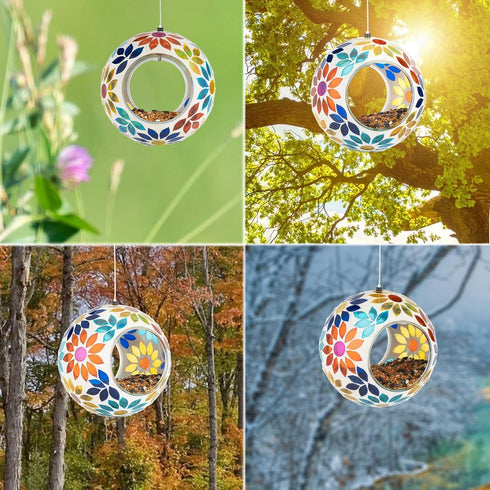 Backyard Expressions Hanging Glass Bird Feeder - Multicolor - Fly Through Bird Feeders for Outside, Mosaic Bird Feeder, Round Shape Wild Birdfeede...