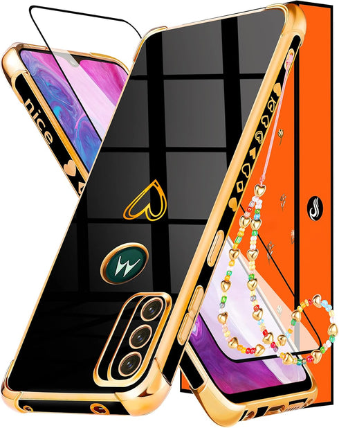 Petitian for Motorola Moto G Pure 2021 Case for Women Girls, Heart Shaped Classy Girly Cute Aesthetic (3 in 1) Love Hearts Pattern Gold Plated Edg...