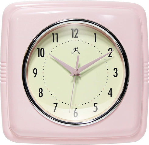 Infinity Instruments Square Silent Retro 9 inch Mid Century Modern Kitchen Diner Retro Wall Clock Quartz Sweep Movement (Pink)...