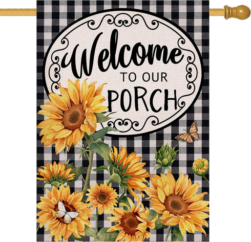 Home Decorative Welcome to Our Porch Spring Summer Sunflower House Flag, Black White Buffalo Plaid Check Yard Outside Decoration, Fall Autumn Farm...