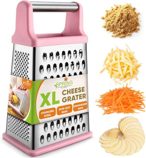 Spring Chef Professional Stainless Steel XL Parmesan Cheese Grater with Handle - 4 Sided Box Grater for Kitchen - Dishwasher Safe Carrot Shredder ...