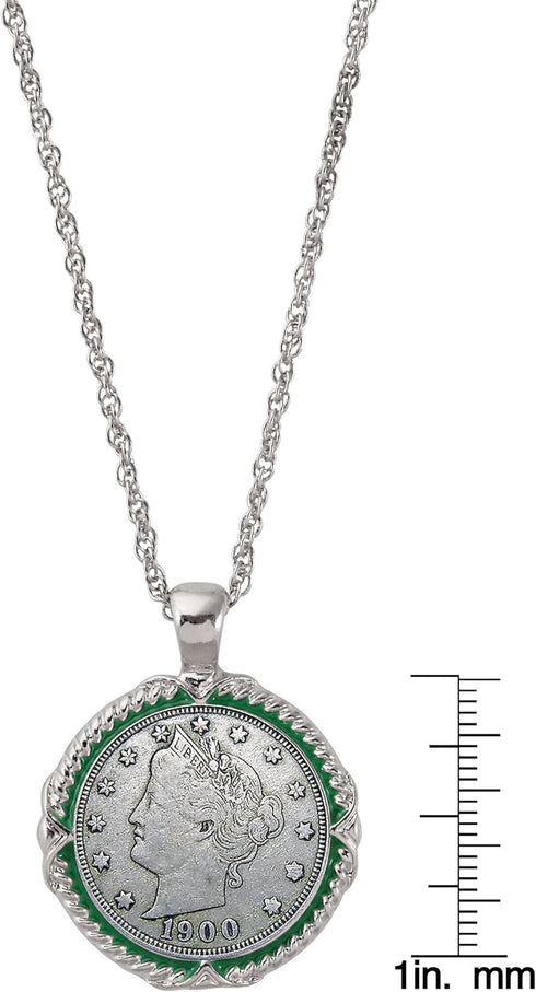 American Coin Treasures Liberty Nickel Green Enamel Coin Pendant Necklace...