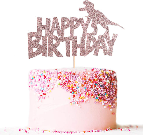 happy birthday cake topper rose gold glitter dinosaur cake topper boy and girl dinosaur theme birthday party cake decoration...