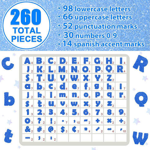 260Pcs Glitter Blue Bulletin Board Letters for Classroom 4” Letter Combo Pack Set Numbers Alphabet Poster Board Punctuation Symbol Cutout with Adh...