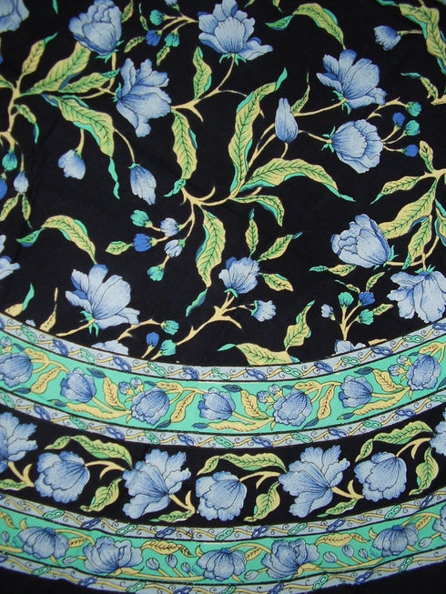 India Arts French Floral Round Cotton Tablecloth 70" Blue on Black...